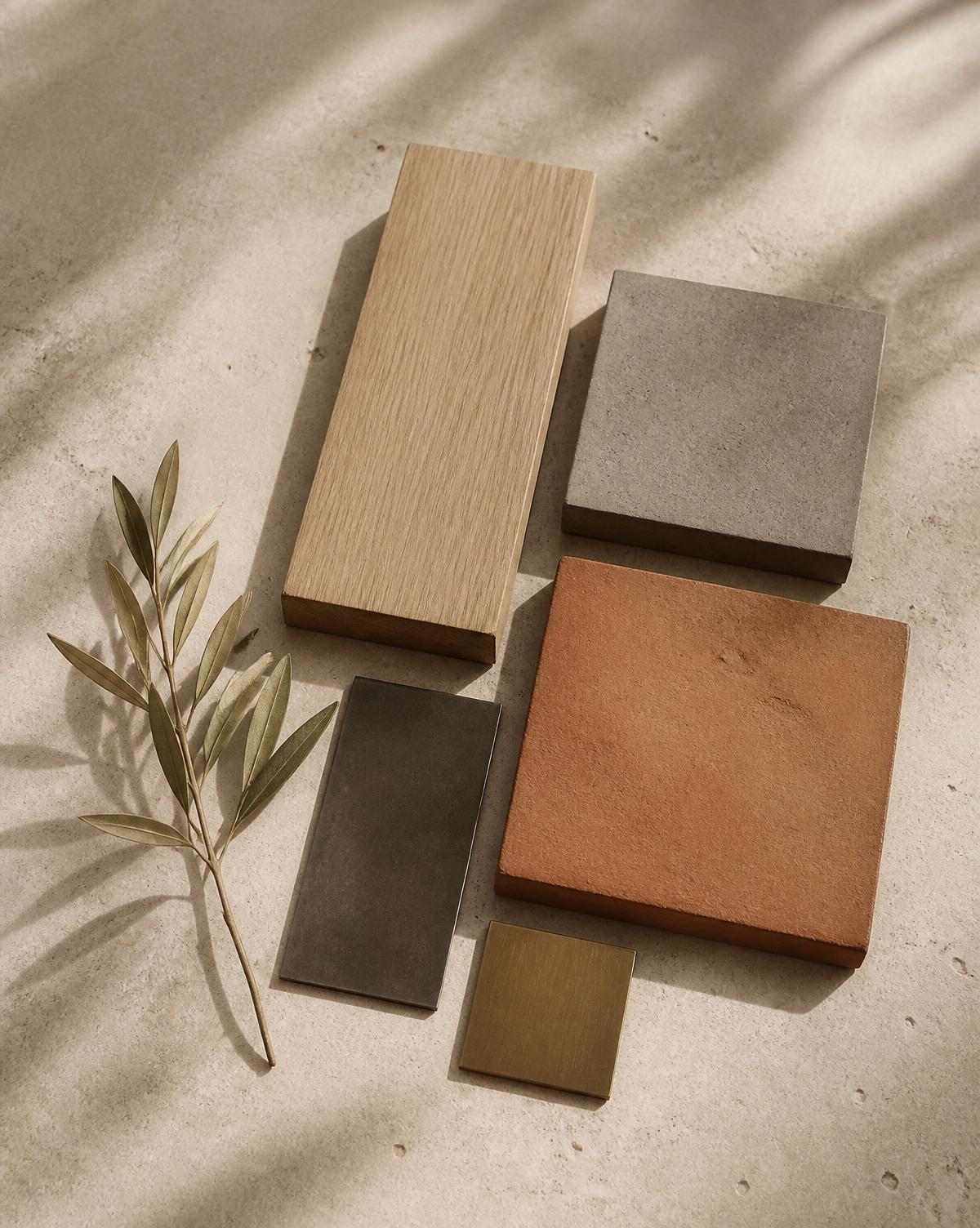 Architectural material samples in warm oak, concrete, terracotta and metal arranged on limestone with an olive branch
