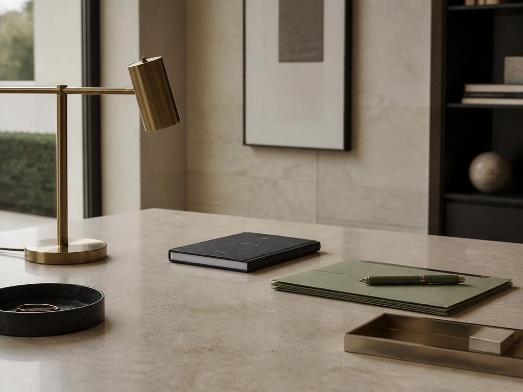Precise minimalist desk with notebook, brass lamp and warm stone surfaces